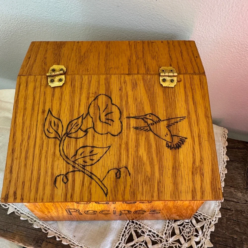 Vintage Handcrafted Wood Burned Recipe Box Hummingbird Sara's Recipes Folk Art